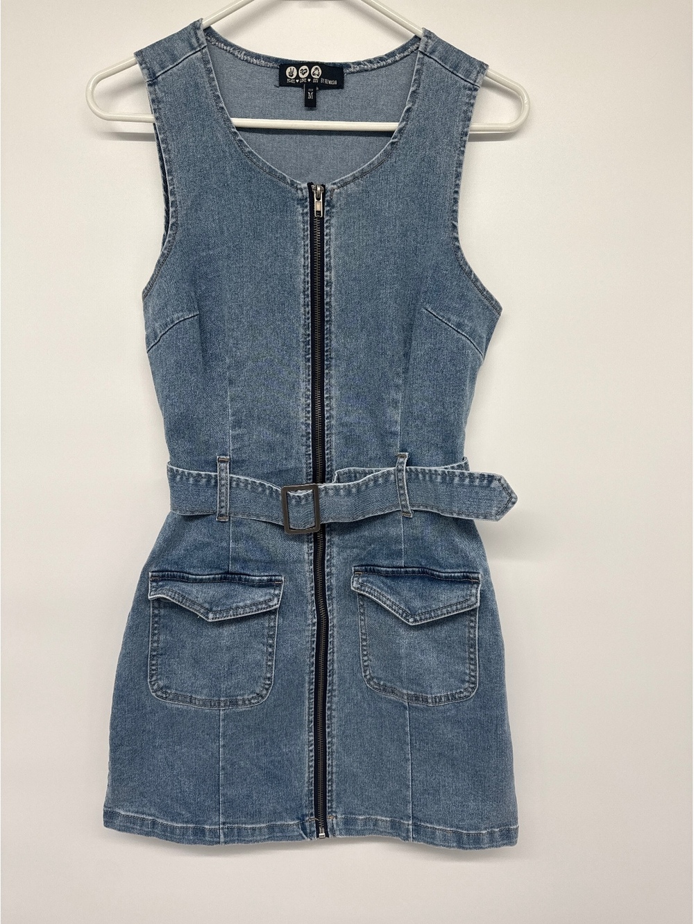 Rewash Eco-Friendly Blue Denim Zip Front Dress with Belt Size M